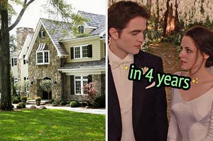 On the left, a charming stone house with a big tree in front of it, and on the right, Edward and Bella from Twilight staring into each other's eyes on their wedding day labeled in 4 years