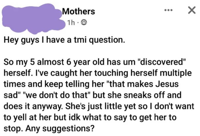 mom asking how to make her 5 year old to stop touching herself