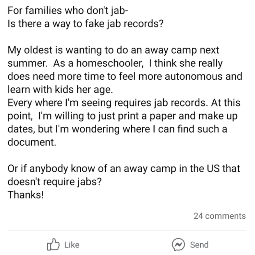 mom asking where and how she can fake shot records for her child to go to a camp