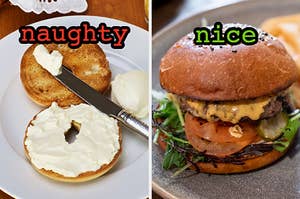 On the left, a bagel with cream cheese labeled naughty, and on the right, a cheeseburger labeled nice