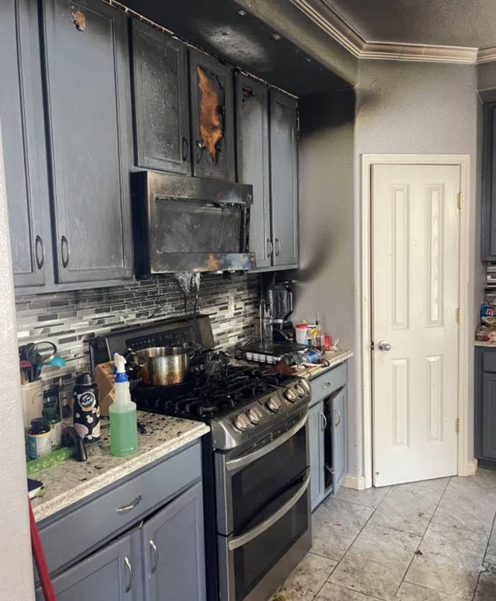 A burnt-up kitchen