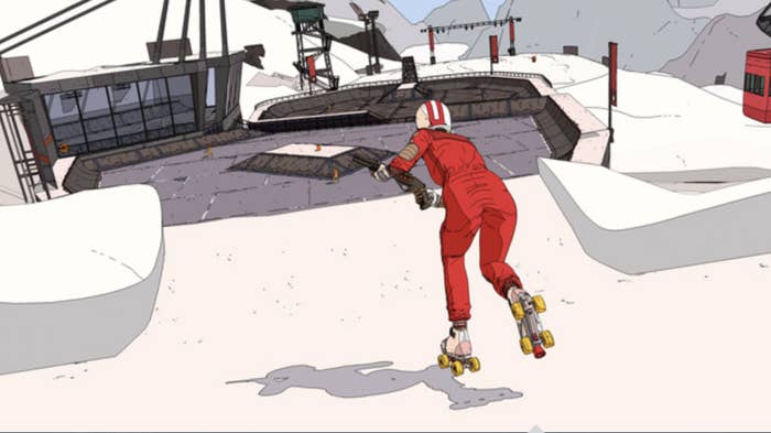 a screenshot of Rollerdrome character in red