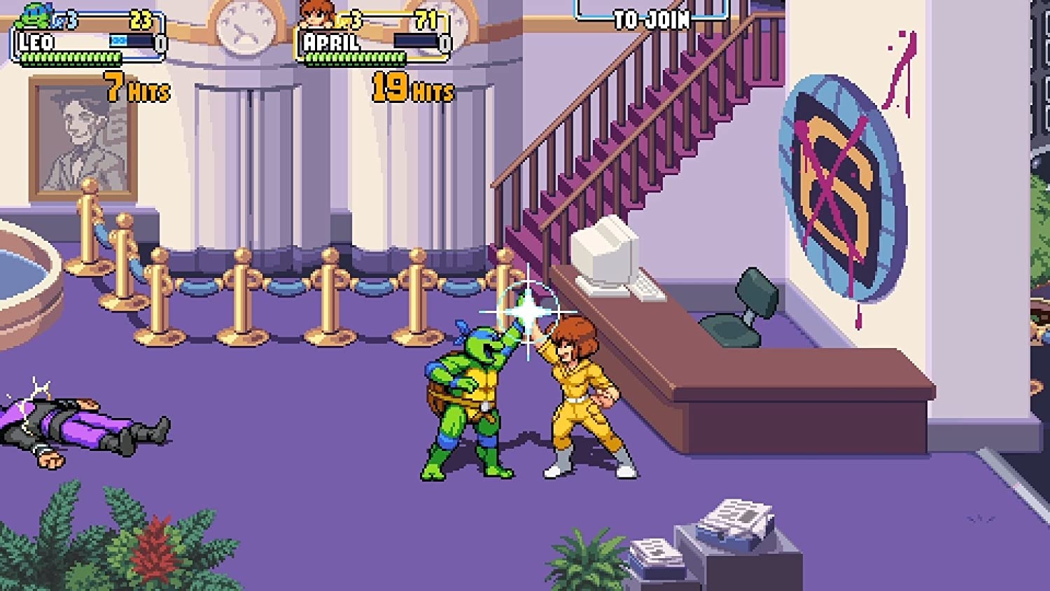 a screenshot of a fight scene in an office building
