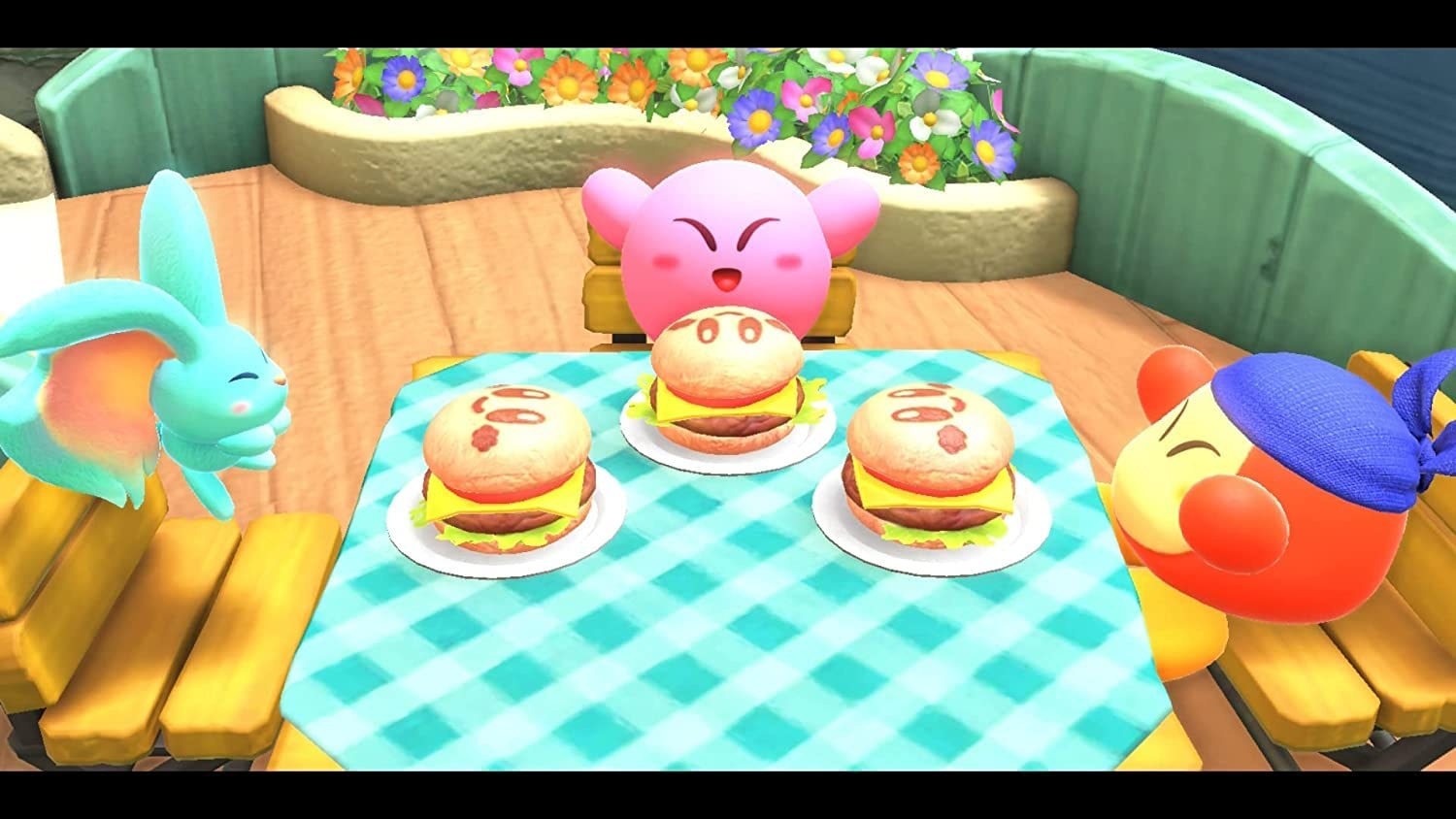 Kirby and friends sitting at a dinner table