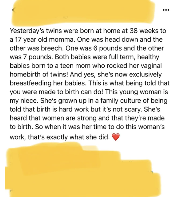 aunt bragging that her 17 year old neice had twins at home and is exclusively breast feeding