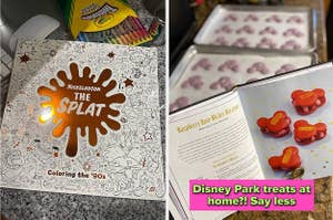 评论家的Nickelodeon着色书和评论家的迪士尼公园食谱，在米奇形零食托盘前打开