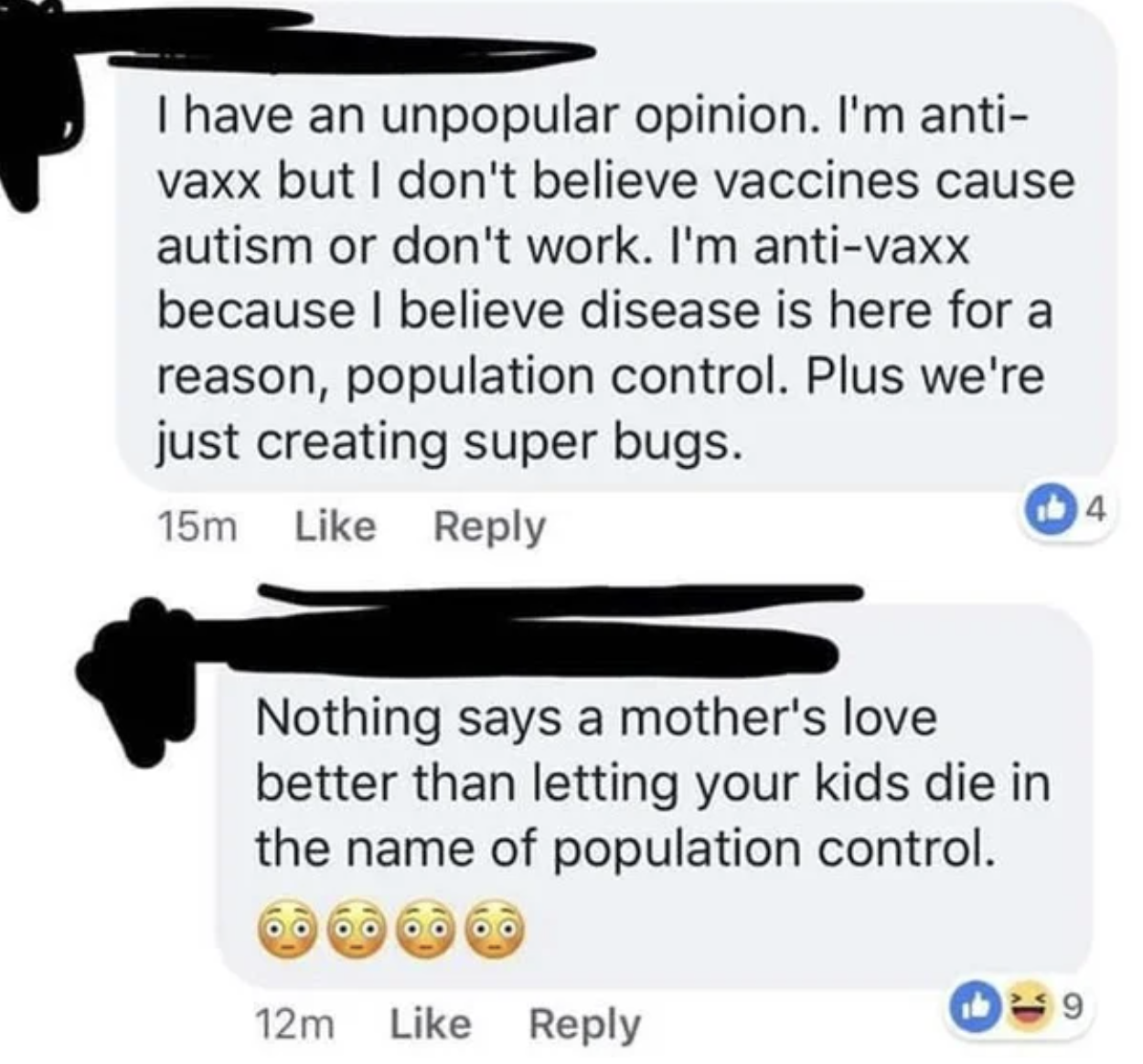 mom saying she's anti-vax because diseases happen for population control