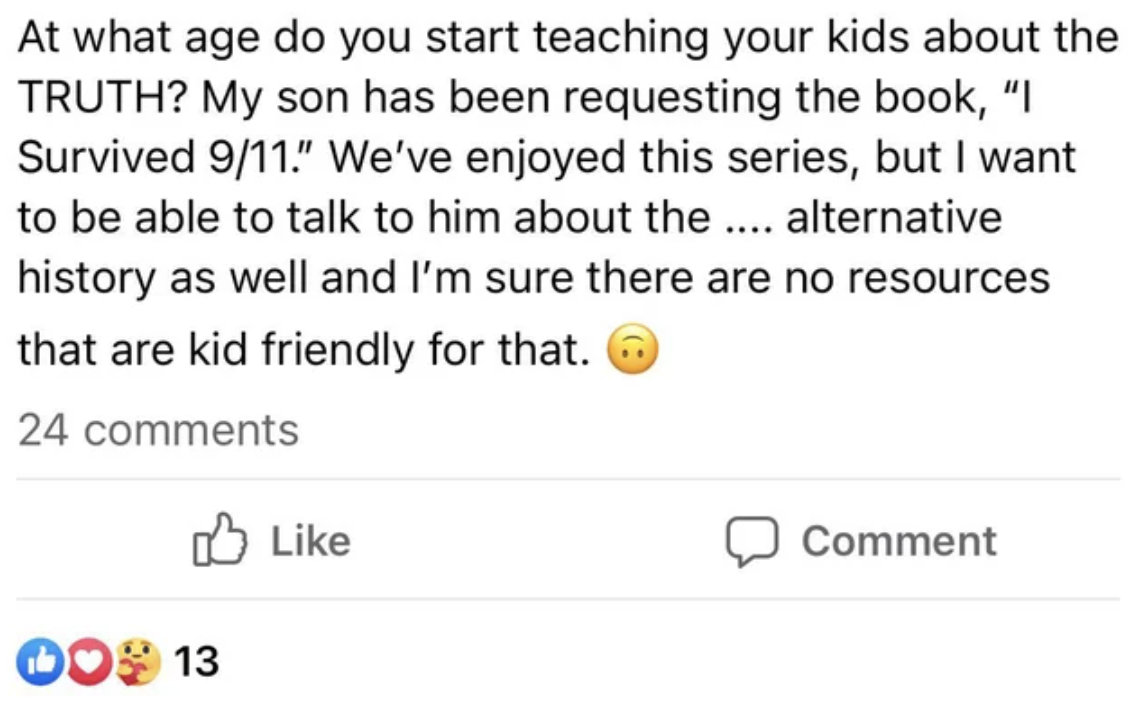 mom wanting to teach her child some some alternative stories about the truth of 9/11