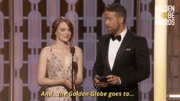 Emma Stone and Ryan Reynolds about announce a winner and saying And the Golden Globe goes to