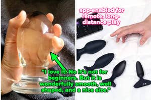 Reviewer holding glass plug and hand reaching for black anal plugs next to cell phone