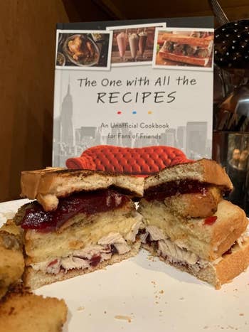 reviewer's cookbook with Thanksgiving sandwich in front of it
