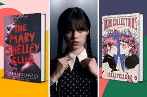 two book covers + Wednesday from Netflix
