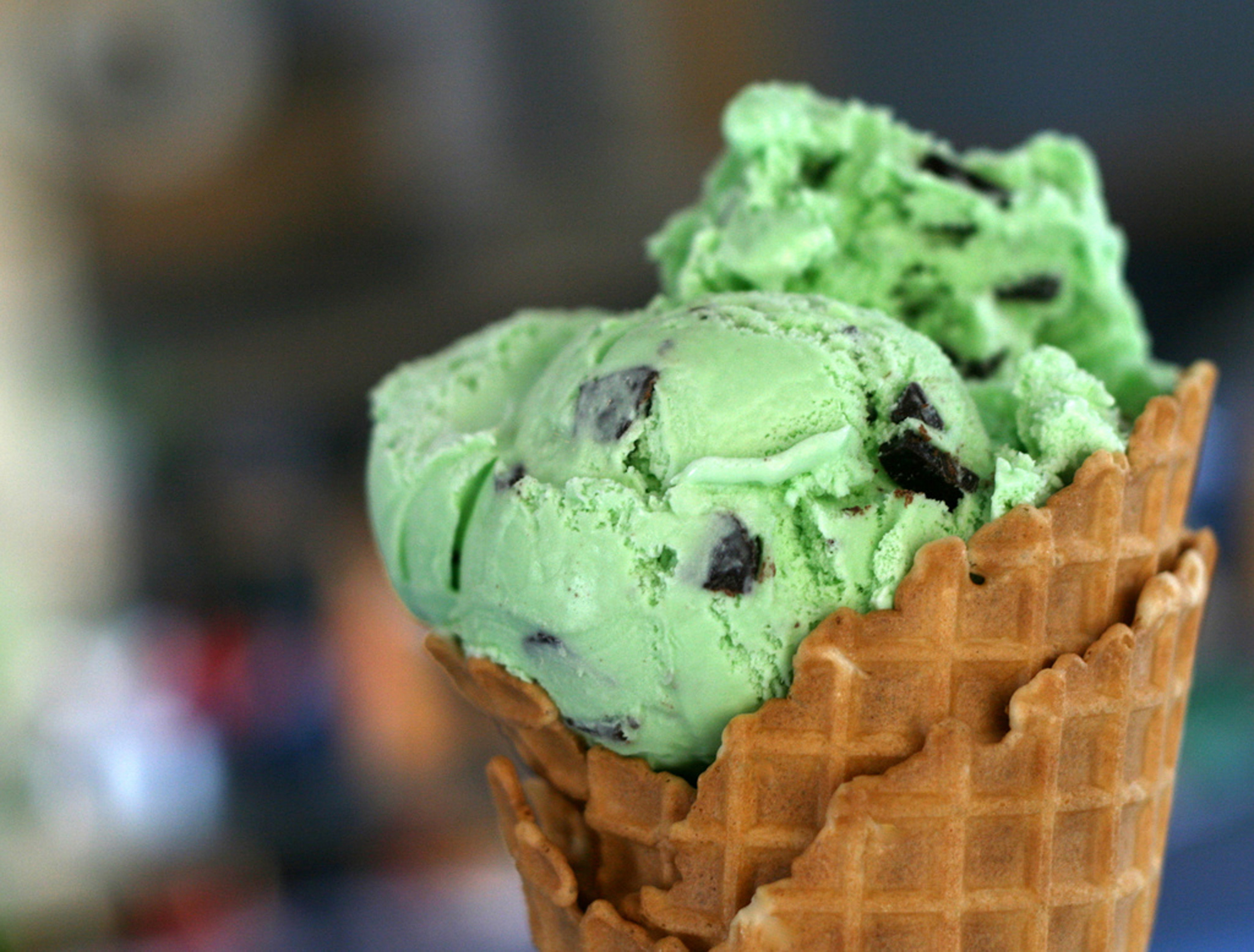 Mint chocolate chip ice cream in waffle cone