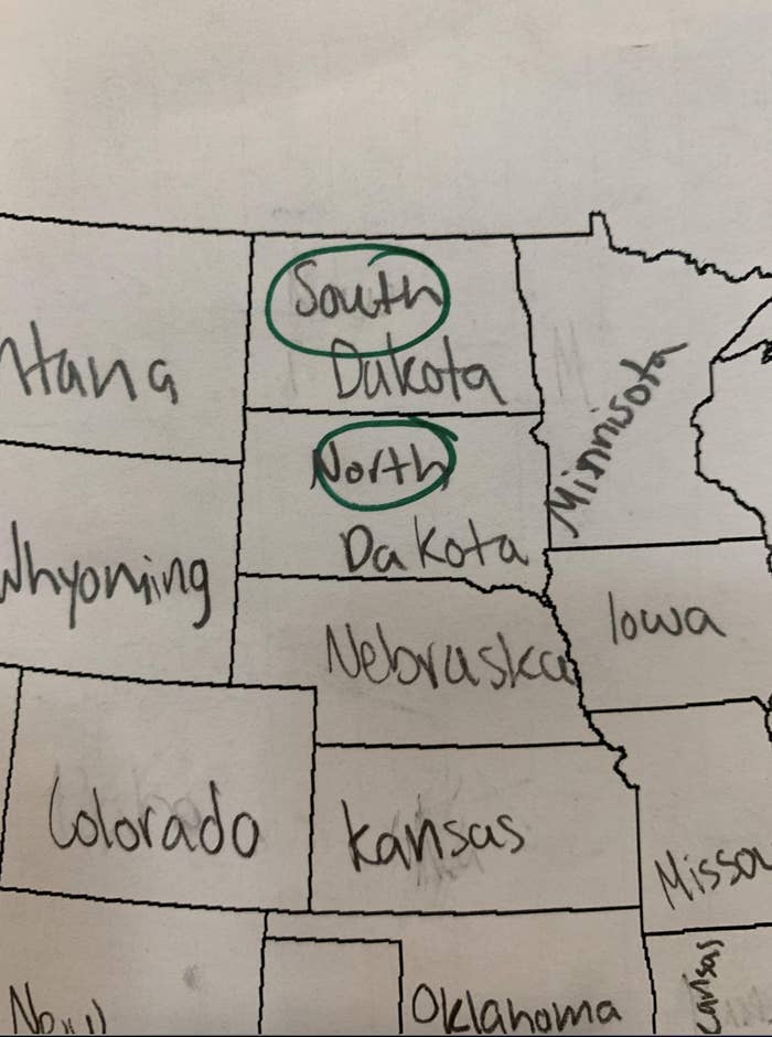 Kid reversed North and South Dakota on a fill-in US map