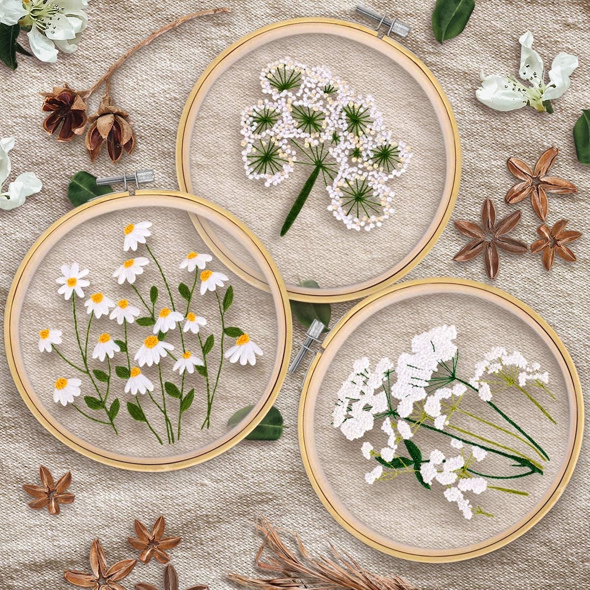 three floral embroidered circles