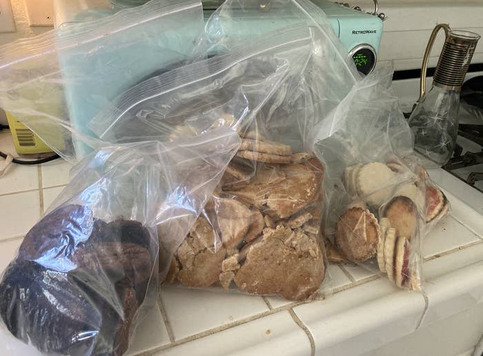 batches of cookies bagged up on a counter