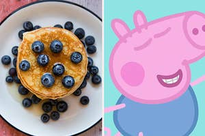 blueberry pancakes on the left and georgie pig on the right