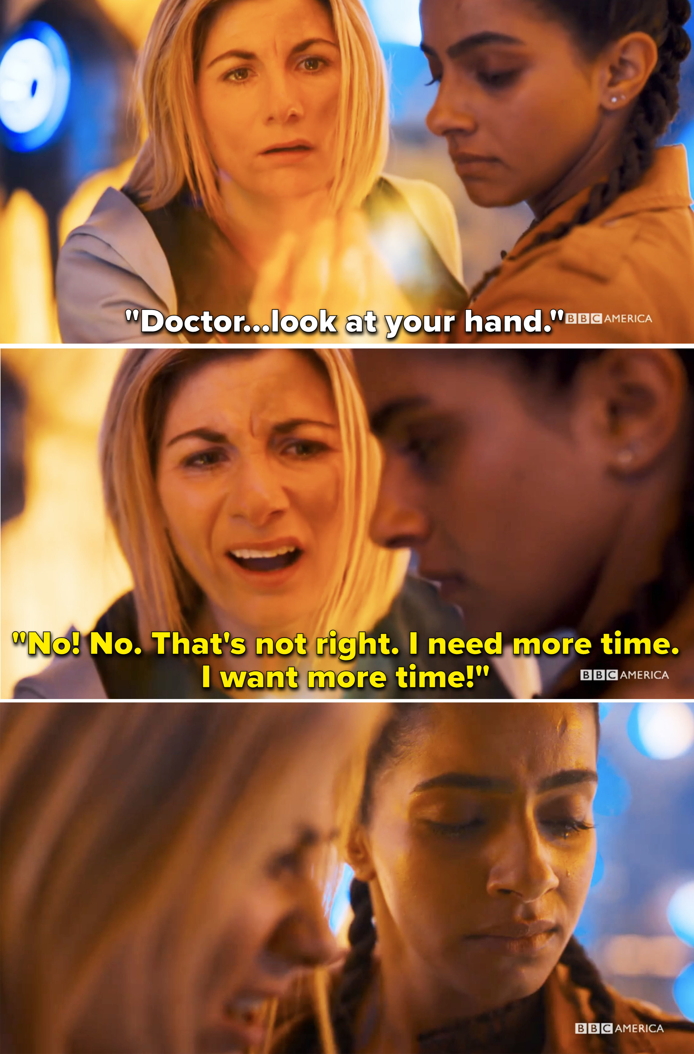 The Thirteenth Doctor being told to look at her arm, and then responding that that&#x27;s not right and she needs more time