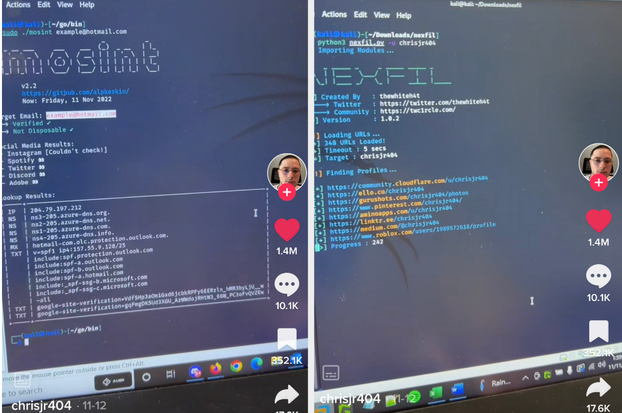 screenshot from Chris&#x27;s video showing the mosint and nexfil tools