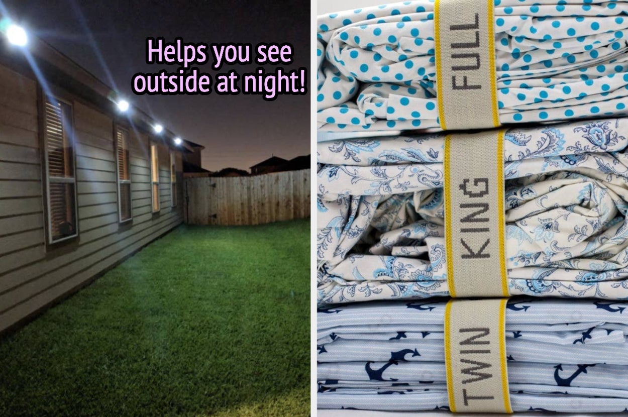 reviewer photo of solar lights attached to the side of their house illuminating their yard at night with text: helps you see outside at night / twin, king, and full-sized bedding folded up with labeled bands