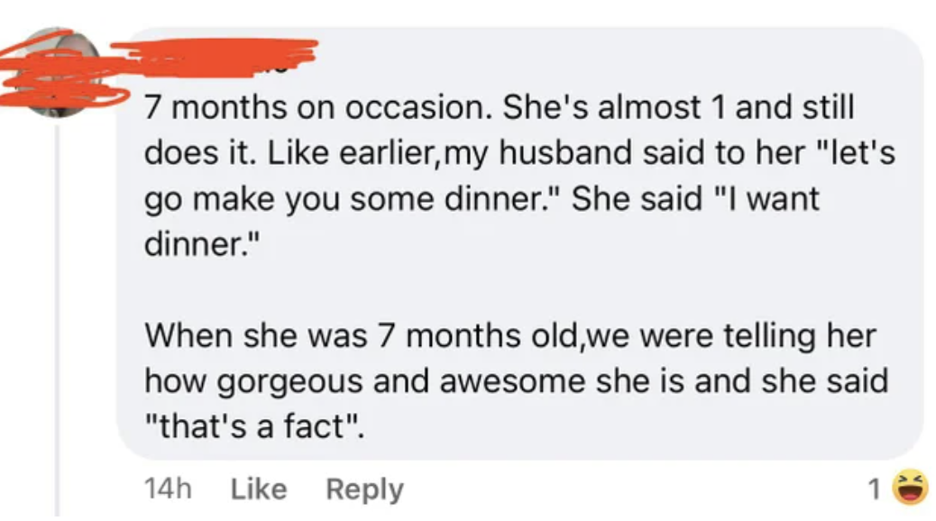 mom saying that her 7 month old is talking in full sentences already
