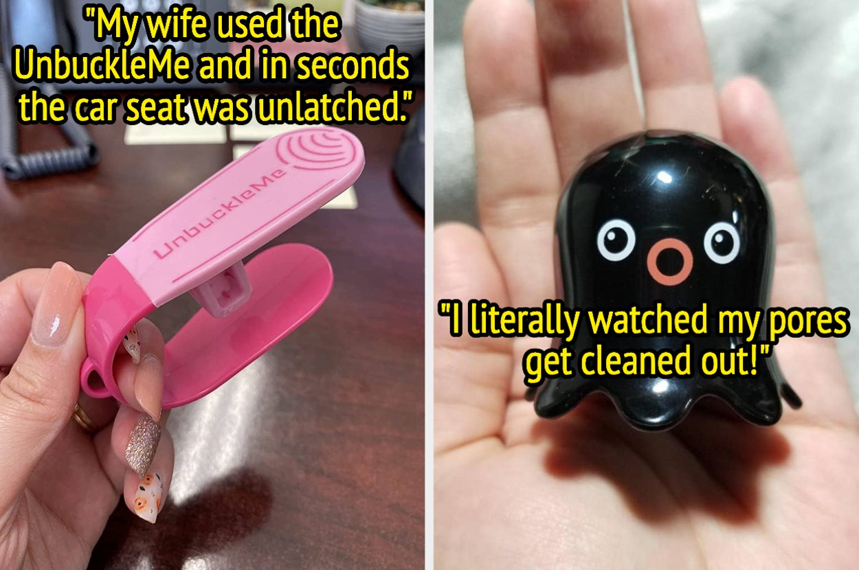 a hand holding a pink UnbuckleMe and text that reads "my wife used the unbuckleme and in seconds the car seat was unlatched"; a tako blackhead scrub and text that reads "I literally watched my pores get cleaned out"
