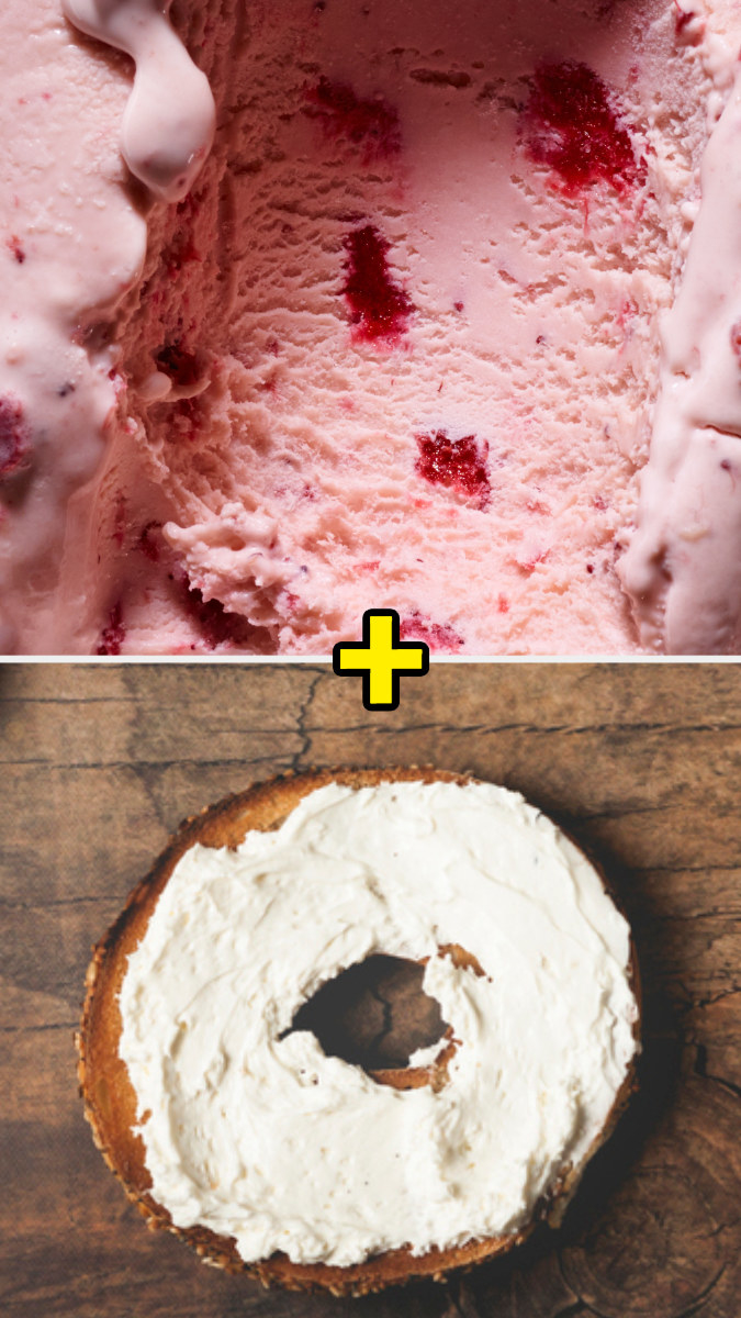 strawberry ice cream and a bagel with cream cheese