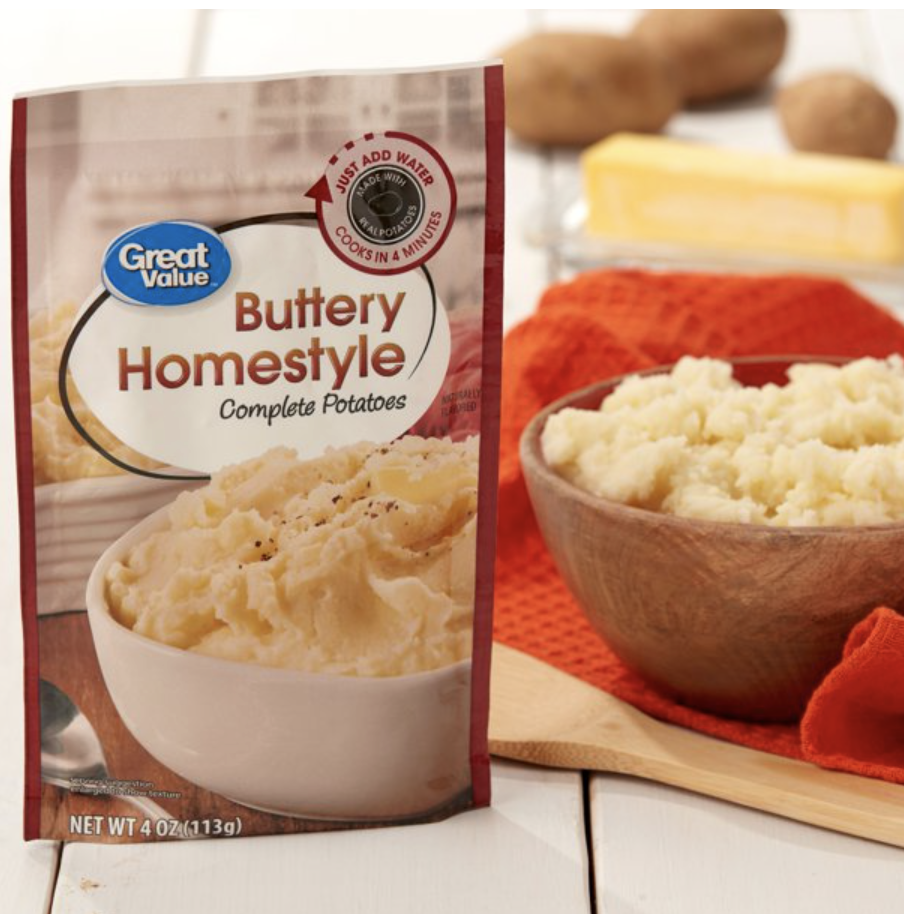 bowl of Great Value buttery homestyle potatoes next to packaging