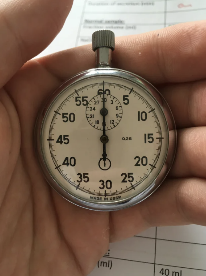 Close-up of a stopwatch with &quot;Made in USSR&quot; on it