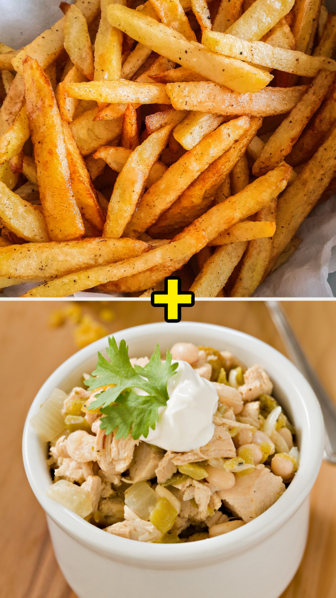 fries and a bowl of white chicken chili