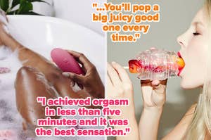 Model holding pink suction vibrator in tub and model eating popsicle out of transparent stroker
