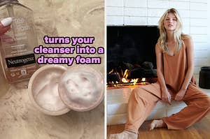 清洁剂，然后当泡沫“将清洁剂变成梦幻泡沫”时，穿着Slouchie连身裤的模特