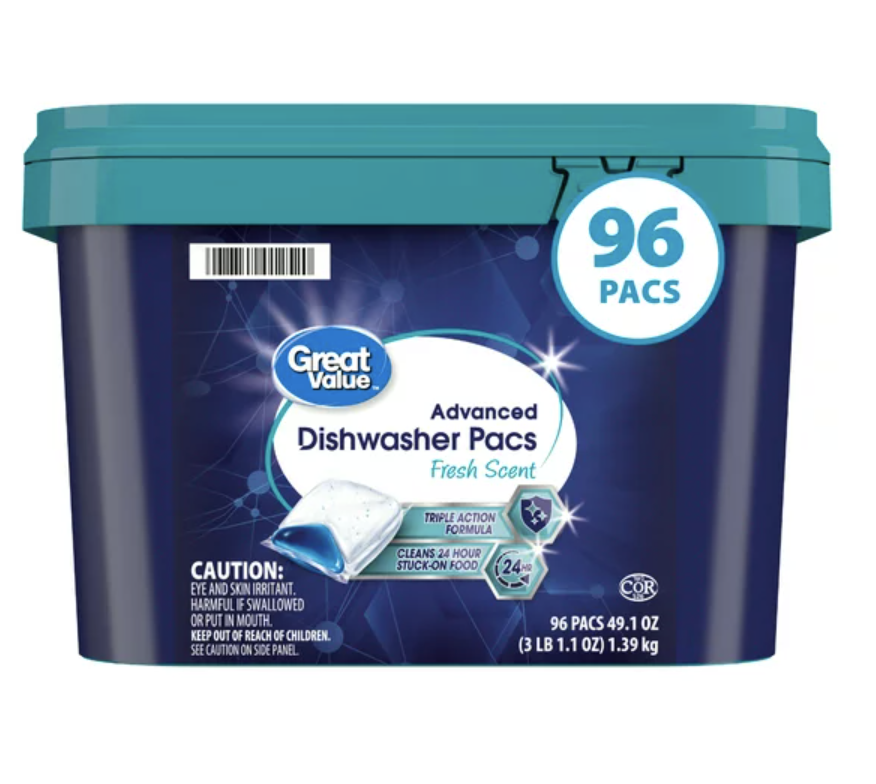 box of Great Value dishwasher detergent pacs
