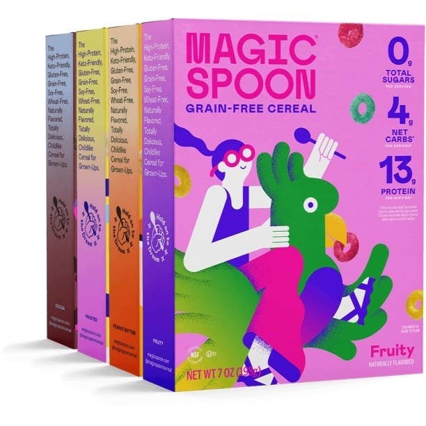 four colorful boxes of Magic Spoon grain-free cereal on a white background