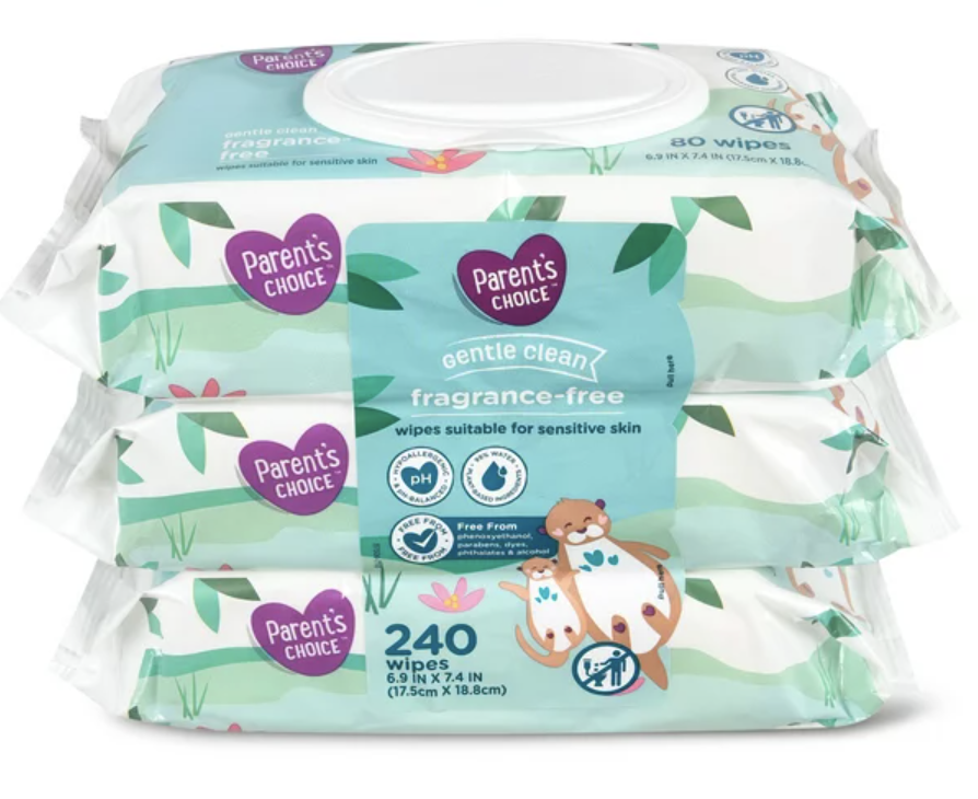 three packages of Parent&#x27;s Choice fragrance-free baby wipes