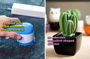 to the left: a pill removing device, to the right: a cactus-shaped diffuser