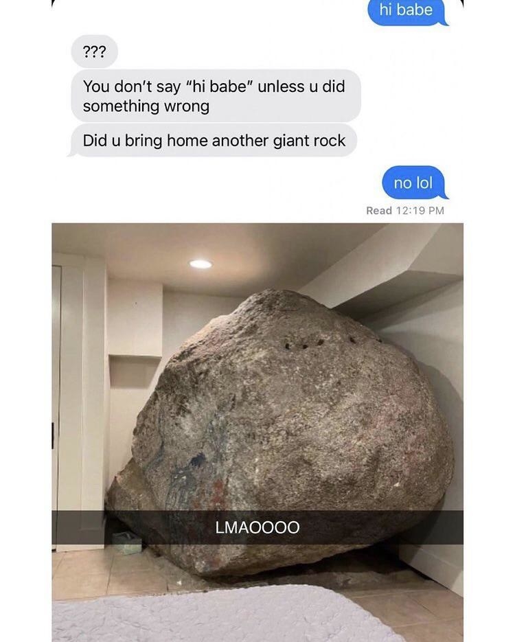 person who texted hi babe and the other person susses out they bought a giant rock