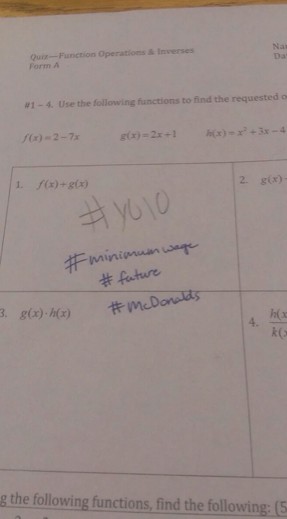 Student wrote &quot;#YOLO&quot; in response to &quot;f(x) + g(x),&quot; and teacher wrote &quot;#minimumwage #future #McDonalds&quot;
