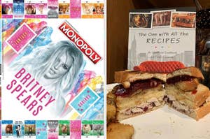 Britney Spears Monopoly board and reviewer's Friends cookbook with sandwich in front of it