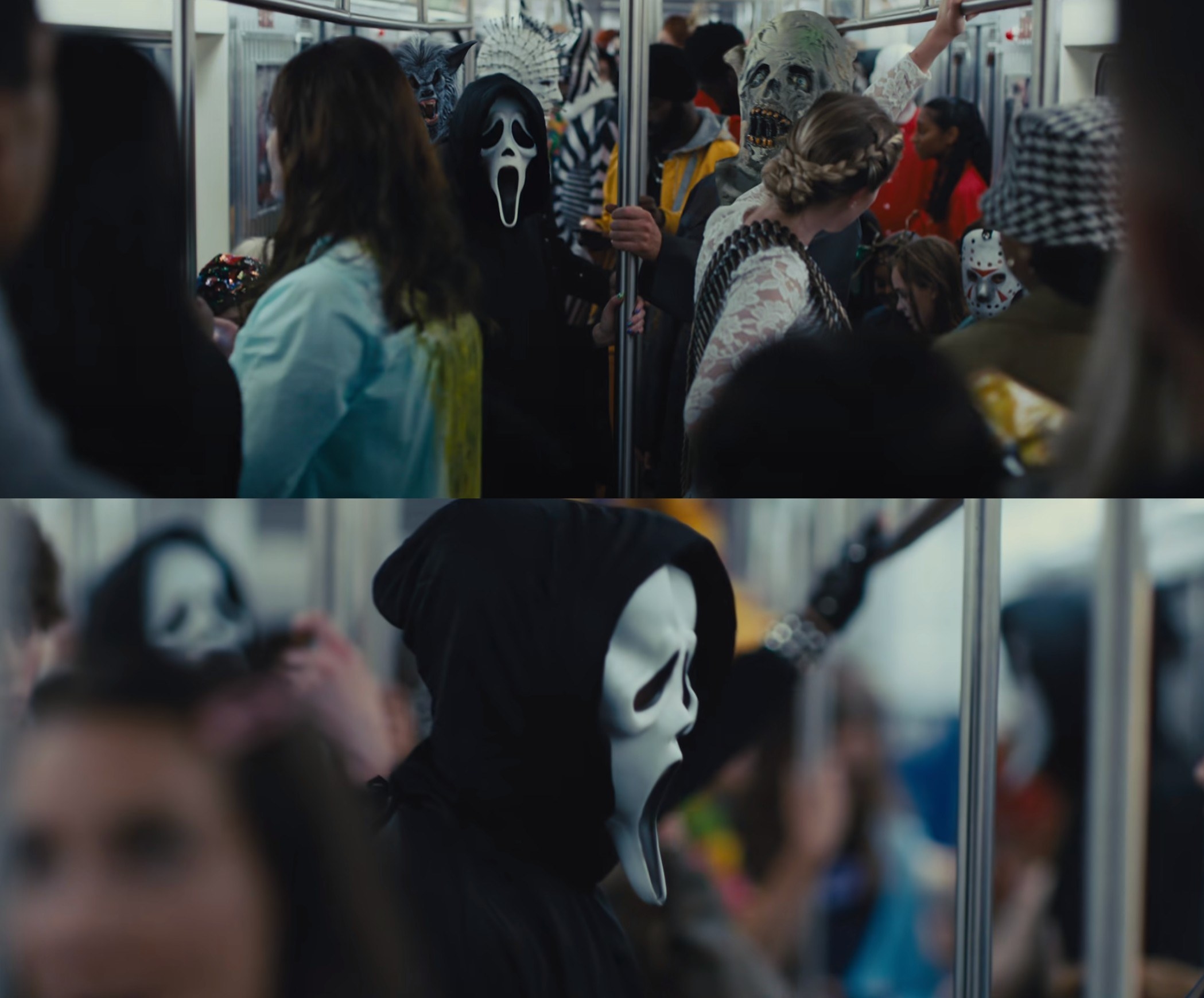 multiple ghostfaces on the subway in scream 6