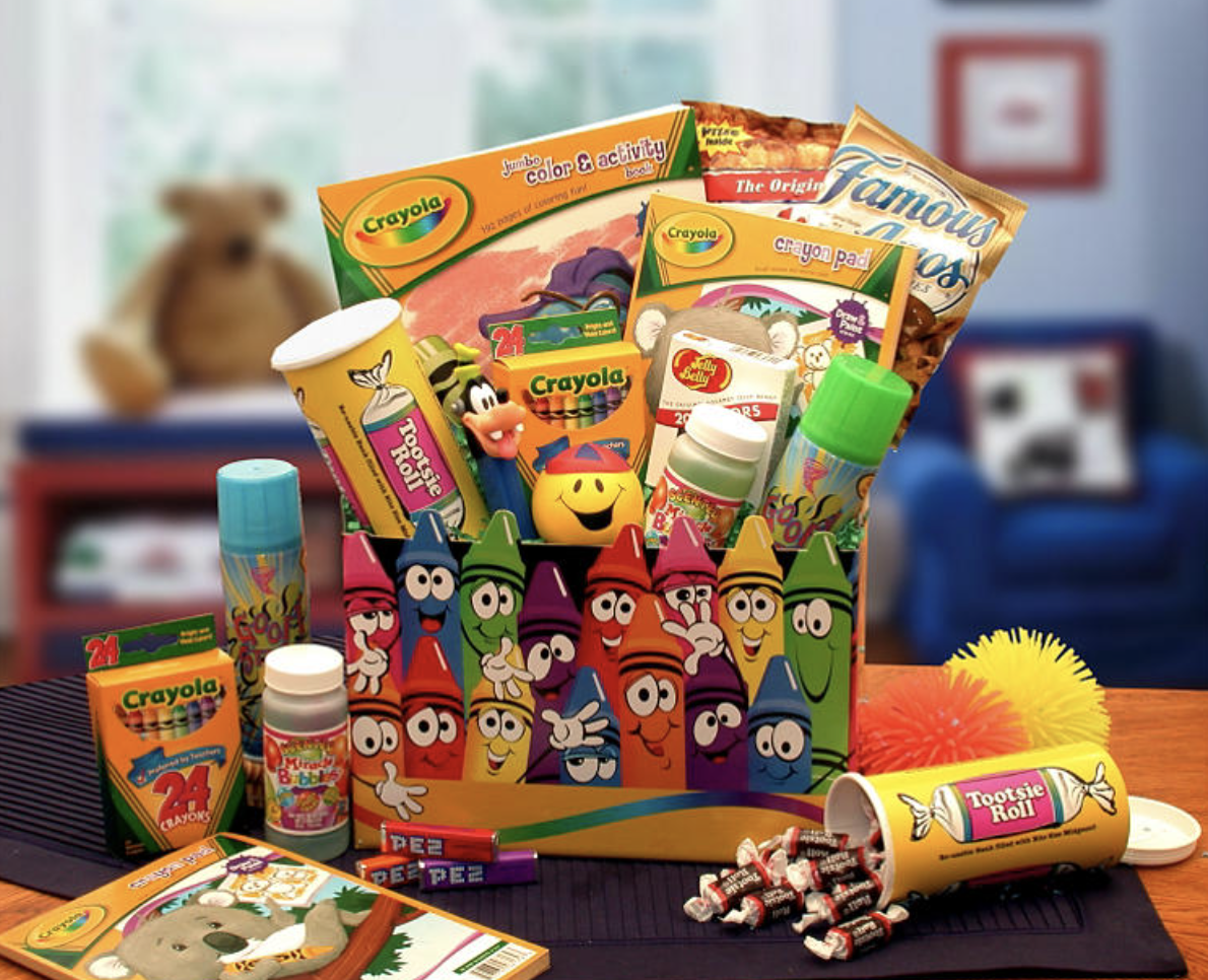 Crayola gift box with crayons, coloring book, candy, and cookies
