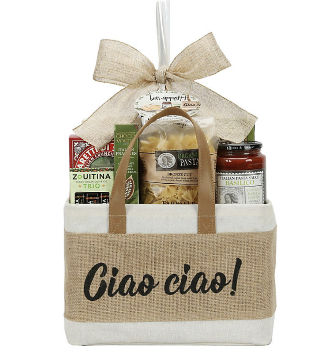 Ciao Ciao! tote containing pasta, breadsticks, pasta sauce, crackers, olive oil, truffles, and cookies