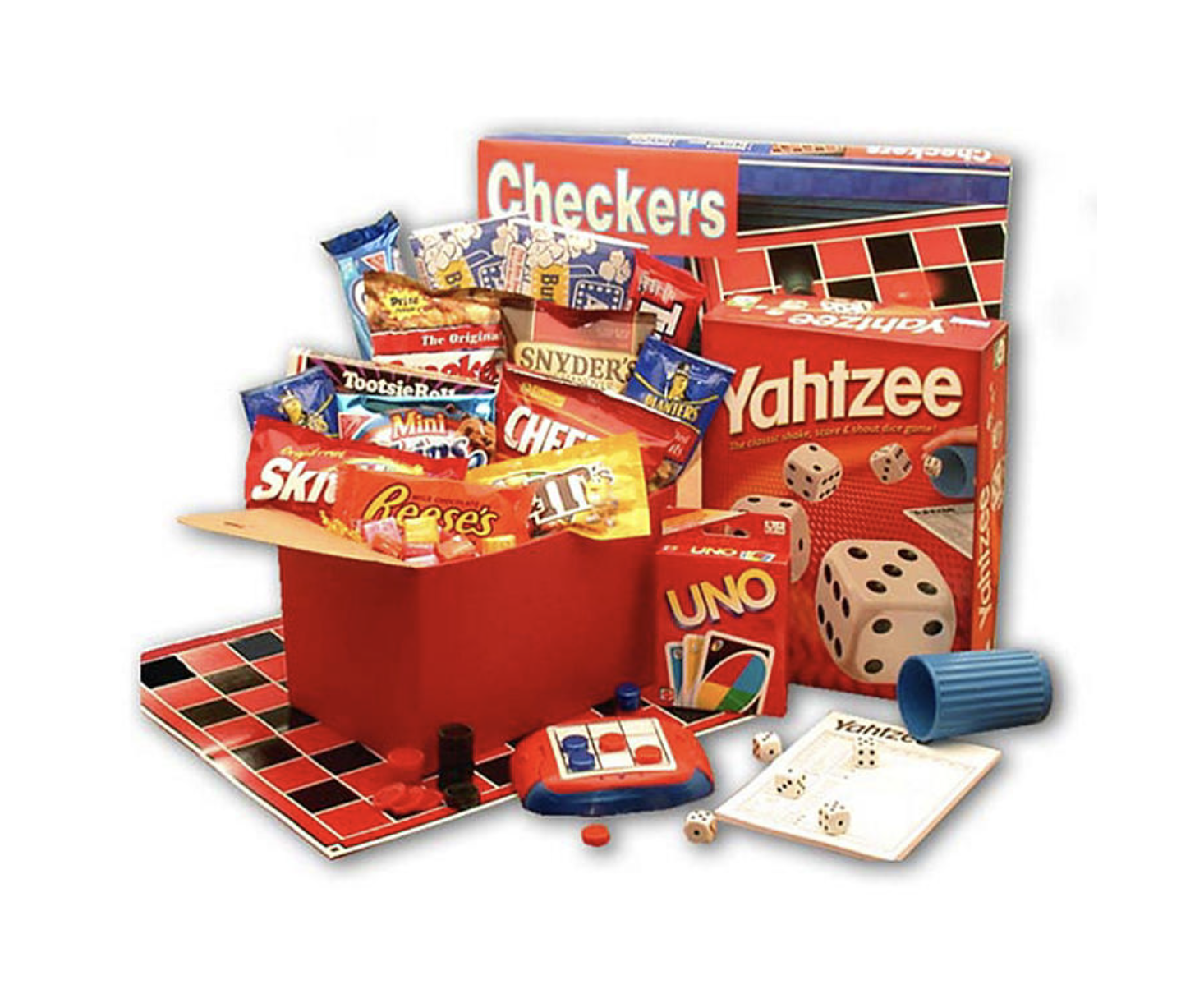 Checkers, Yahtzee, and Uno games with popcorn and snacks