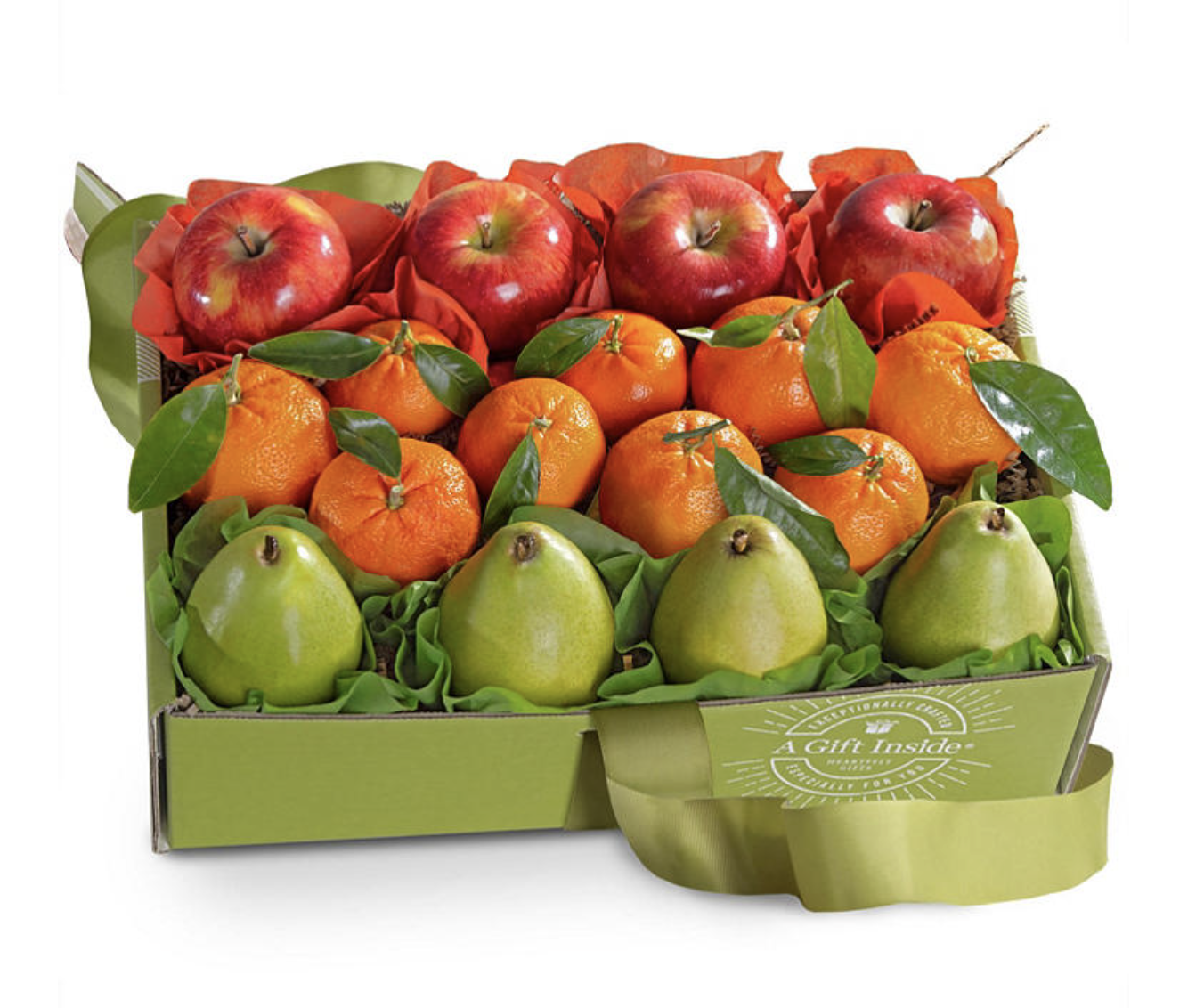 Apples, oranges, and pears in box