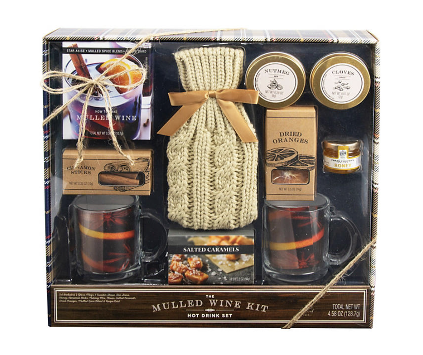 Mulled wine kit with two cups, knit wine bag, aromatic spices, dried oranges, and honey
