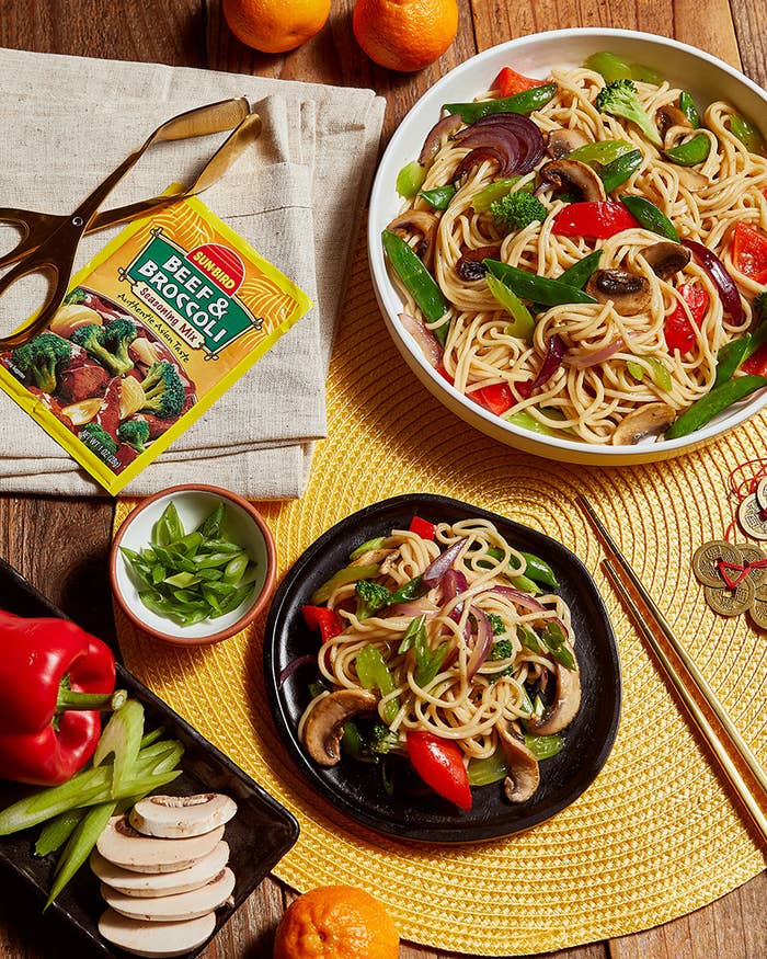 The lo mein dish on a set table