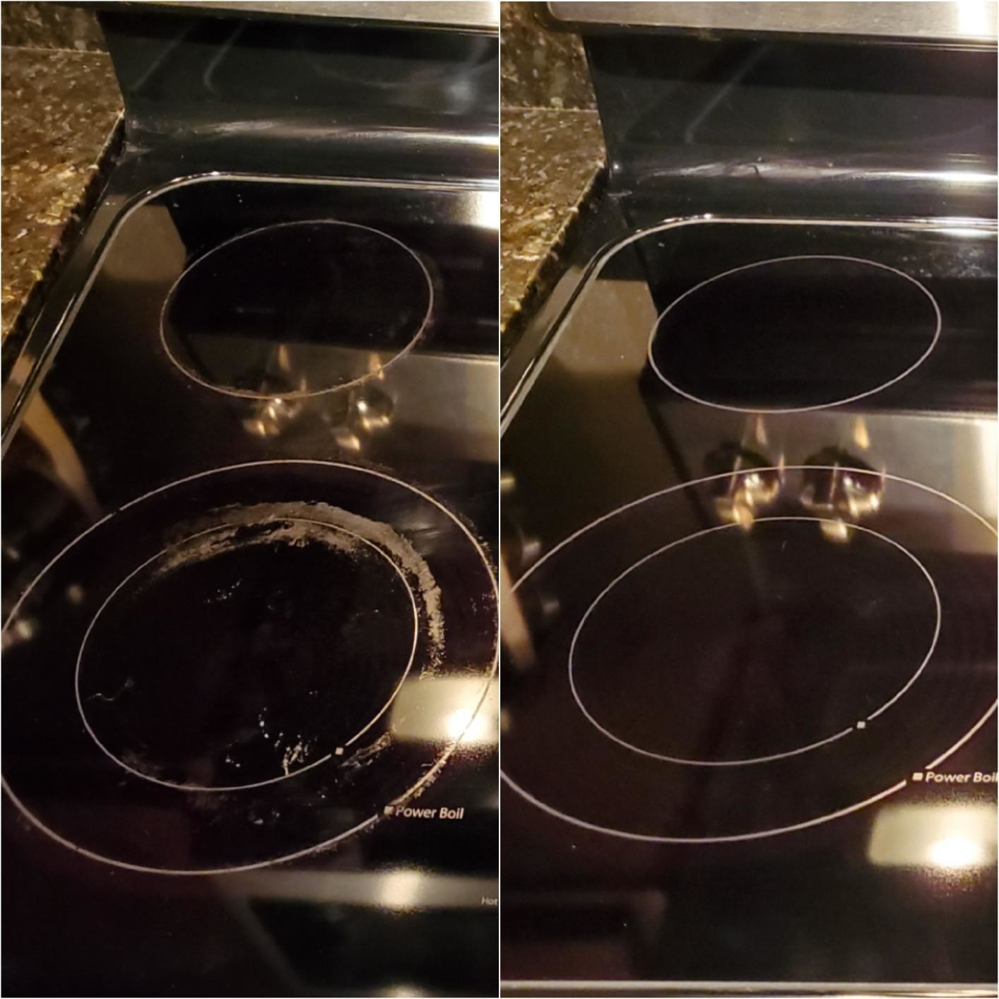 before and after pics of a glass stove top with scrapes and a spotless stovetop