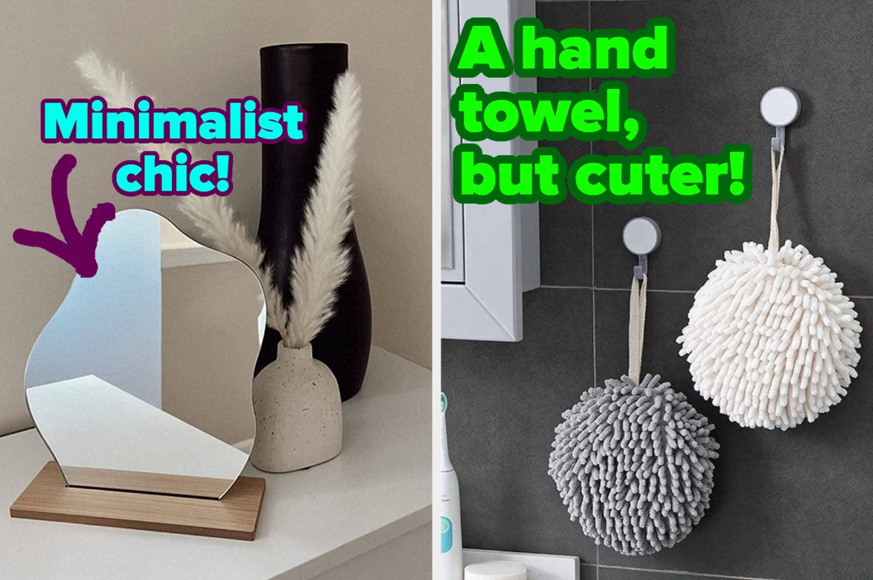 L: a reviewer photo of a wavy vanity mirror with text reading "minimalist chic!", R: a reviewer photo of two fuzzy balls hanging on the wall and text reading "a hand towel, but cuter!"