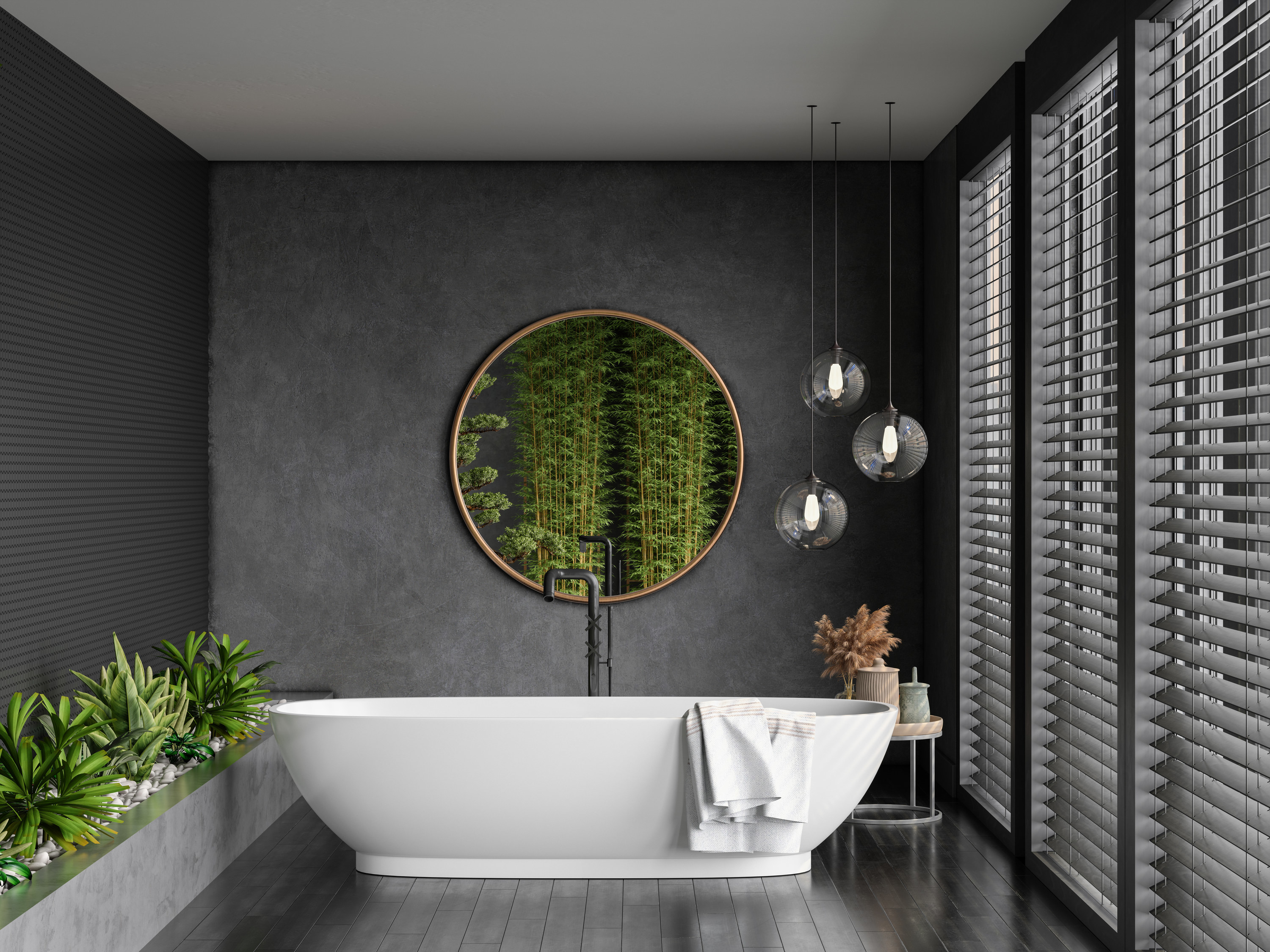 Big bathtub in a modern bathroom decorated with plants