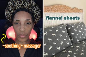 reviewer using massager and deer print flannel sheets